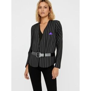 90s Pin Stripe Blazer Belt V-Neck Pocket Square Long Sleeve Black Size Medium